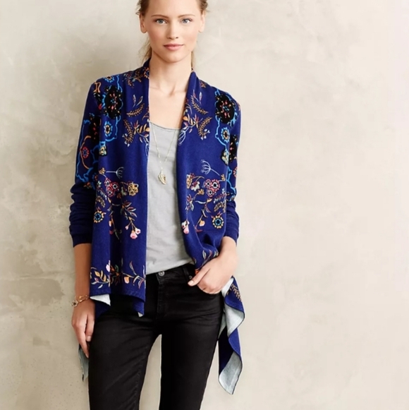 Anthropologie × Sleeping On Snow Botanical Garden Cardigan Sweater Blue Floral M - Picture 1 of 13